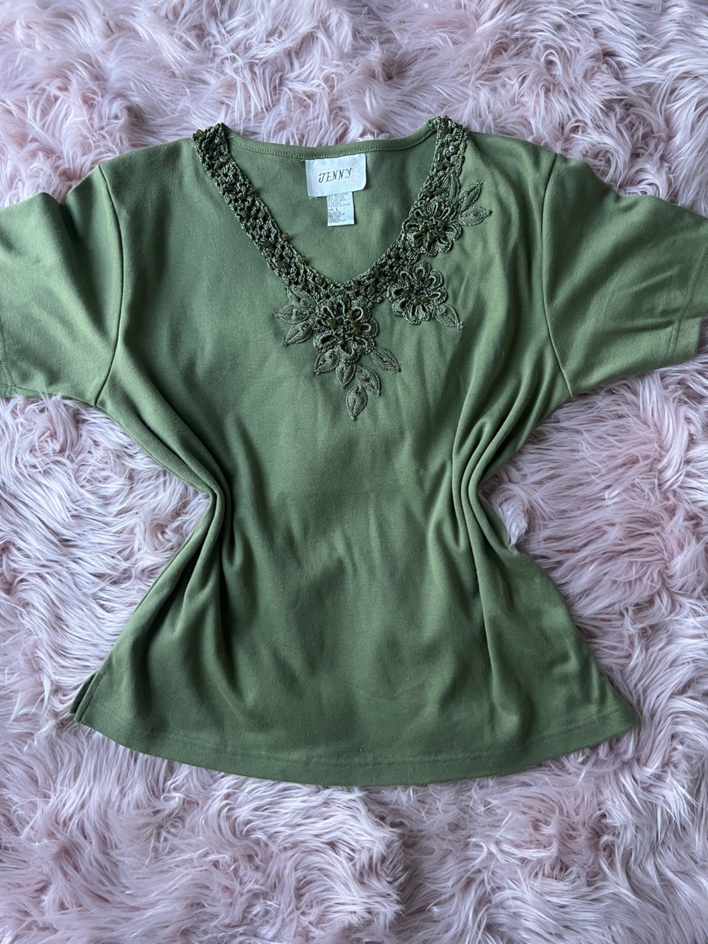 y2k Vintage Green Short Sleeve Fairy Tee with Beaded Floral Crochet Neckline